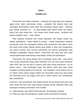 Pekembangan Peserta Didik – BAB III (PERTUMBUHAN FISIK) | 16
BAB III
KESIMPULAN
Pertumbuhan fisik adalah perubahan – perubahan fisik yang terjadi dan merupakan
gejala primer dalam pertumbuhan remaja . perubahan fisik tersebut bukan saja
menyangkut bertambahnya ukuran tubuh dan berubahnya proporsi tubuh , melainkan
juga meliputi perubahan ciri – ciri yang terdapat pada kelamin utama dan kelamin
kedua. baik pada remaja laki – laki maupun pada remaja wanita , perubahan fisik
tersebut mengikuti urutan – urutan tertentu.
Pada dasarnya berubahan fisik remaja disebabkan oleh kelenjar pituitari dan
kelenjar hypothalamus . kedua kelenjar itu masing – masing menyebabkan terjadinya
pertumbuhan tubuh dan merangsang aktivitas serta pertumbuhan alat kelamin utama
dan kedua pada remaja. Kelenjar pituitary yang terletak di dasar otak mengeluarkan
dua macam hormone ,yaitu hormone pertumbuhan dan hormone gonagotropik yang
berfungksi mengaktifkan kelenjar kelamin. Pertumbuhan fisik yang tepat akan dapat
dicapai apabila terjadi keseimbangan kerja kelenjar pituitary dan gonadotropik.
Pertumbuhan fisik remaja ditandai oleh (i) perubahan ukuran tubuh , yang selama
masa remaja pertumbuhan tinggi badan bertambah 25% dan berat badan bertambah
ekitar 200% atau dua kali lipat (ii) proporsi tubuh yang kurang proporsional , (iii) ciri
kelamin utama , yaitu kematangan fungsi alat kelamin utama yang pada wanita
mengalami menstruasi pertama dan pada laki – laki mengalami ‘mimpi pertama’ dan (iv)
ciri kelamin kedua seperti pinggul melebar dan mencuatnya puting susu pada wanita
dan tumbuhnya kumis dan jenggot serta bulu di sekitar kelamin, dan membesarnya
jakun pada laki-laki.
Urutan dan irama pertumbuhan disik anatara laki-laki dan permepuan tidak sama, yaitu
pada wanita dua tahun lebih cepat dewasa daripada laki-laki. Beberapa faktor yang
berpengaruh terhadap pertumbuhan fisik ini adalah:
(i) Faktor keluarga, yaitu meliputi faktor keturunan dan lingkungan keluarga,
(ii) Faktor gizi, yang erat hubungannya dengan kondisi sosial ekonomi keluarga,
 