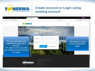 Create account or Login using
existing account
Click Apply to open
account registration
page.
Put your username and
password to open your
account.
This option is for users who
has created account recently
or in past.
 