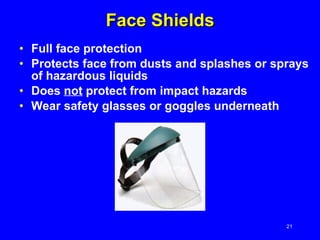 Face Shields Full face protection Protects face from dusts and splashes or sprays of hazardous liquids Does  not  protect from impact hazards Wear safety glasses or goggles underneath 