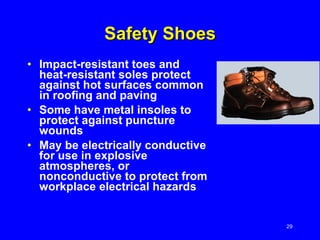 Safety Shoes Impact-resistant toes and heat-resistant soles protect against hot surfaces common in roofing and paving Some have metal insoles to protect against puncture wounds May be electrically conductive for use in explosive atmospheres, or nonconductive to protect from workplace electrical hazards 