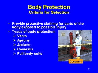 Body Protection Criteria for Selection Provide protective clothing for parts of the body exposed to possible injury Types of body protection: Vests Aprons Jackets Coveralls Full body suits Coveralls 