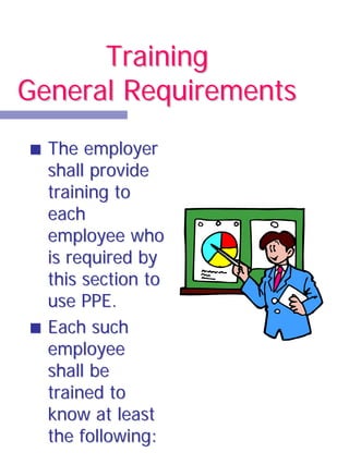 Training
General Requirements
  The employer
  shall provide
  training to
  each
  employee who
  is required by
  this section to
  use PPE.
  Each such
  employee
  shall be
  trained to
  know at least
  the following:
 