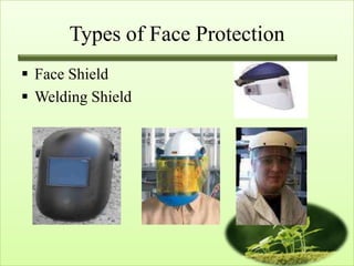 Types of Face Protection
 Face Shield
 Welding Shield
 