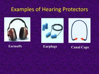 Examples of Hearing Protectors
Earmuffs Earplugs Canal Caps
 