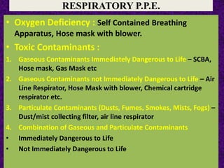 RESPIRATORY P.P.E.
• Oxygen Deficiency : Self Contained Breathing
Apparatus, Hose mask with blower.
• Toxic Contaminants :
1. Gaseous Contaminants Immediately Dangerous to Life – SCBA,
Hose mask, Gas Mask etc
2. Gaseous Contaminants not Immediately Dangerous to Life – Air
Line Respirator, Hose Mask with blower, Chemical cartridge
respirator etc.
3. Particulate Contaminants (Dusts, Fumes, Smokes, Mists, Fogs) –
Dust/mist collecting filter, air line respirator
4. Combination of Gaseous and Particulate Contaminants
• Immediately Dangerous to Life
• Not Immediately Dangerous to Life
 