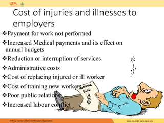IITA is a member of the CGIAR System Organization. www.iita.org | www.cgiar.org
Cost of injuries and illnesses to
employers
Payment for work not performed
Increased Medical payments and its effect on
annual budgets
Reduction or interruption of services
Administrative costs
Cost of replacing injured or ill worker
Cost of training new workers
Poor public relations
Increased labour conflict
 