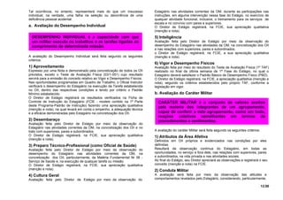 Tal ocorrência, no entanto, representará mais do que um insucesso
individual; na verdade, uma falha na seleção ou decorrência de uma
deficiência pessoal acidental.
a. Avaliação do Desempenho Individual
A avaliação do Desempenho Individual será feita segundo os seguintes
critérios:
1) Aproveitamento
Expresso por uma Nota e demonstrado pela concretização de todos os OII
previstos, exceto o Teste de Avaliação Física (03/1-051) cujo resultado
servirá para a emissão do conceito relativo ao Vigor e Desempenho Físicos.
Nas oportunidades programadas em Quadro de Trabalho, o Oficial Instrutor
verificará o desempenho do Estagiário na execução da Tarefa estabelecida
no OII, dentro das respectivas condições e tendo por critério o Padrão
Mínimo estabelecido.
O Diretor de Estágio registrará os resultados verificados na Ficha de
Controle de Instrução do Estagiário (FCIE - modelo contido na 1ª Parte
deste Programa-Padrão de Instrução) fazendo uma apreciação qualitativa
(menção e nota), na qual levará em conta o empenho, a adequação técnica
e a eficácia demonstradas pelo Estagiário na concretização dos OII.
2) Desembaraço
Avaliação feita pelo Diretor de Estágio por meio da observação do
Estagiário nas atividades correntes da OM, na concretização dos OII e no
trato com superiores, pares e subordinados.
O Diretor de Estágio registrará, na FCIE, sua apreciação qualitativa
(menção e nota).
3) Preparo Técnico-Profissional (como Oficial de Saúde)
Avaliação feita pelo Diretor de Estágio por meio da observação do
desempenho do Estagiário nas atividades correntes da OM, na
concretização dos OII, particularmente, da Matéria Fundamental Nr 06 -
Serviço de Saúde e, na execução de qualquer tarefa ou missão.
O Diretor de Estágio registrará, na FCIE, sua apreciação qualitativa
(menção e nota).
4) Cultura Geral
Avaliação feita pelo Diretor de Estágio por meio da observação do
Estagiário nas atividades correntes da OM, durante as participações nas
instruções, em alguma intervenção nessa fase do Estágio, no exercício de
qualquer atividade funcional, inclusive, o treinamento para os serviços de
escala e no convívio com pares e superiores.
O Diretor de Estágio registrará, na FCIE, sua apreciação qualitativa
(menção e nota).
5) Inteligência
Avaliação feita pelo Diretor de Estágio por meio da observação do
desempenho do Estagiário nas atividades da OM, na concretização dos OII
e nas relações com superiores, pares e subordinados.
o Diretor de Estágio registrará, na FCIE, a sua apreciação qualitativa
(menção e nota).
6) Vigor e Desempenho Físicos
Avaliação feita por meio do resultado do Teste de Avaliação Física (1º TAF)
realizado no final da última semana da 1ª Fase do Estágio, no qual o
Estagiário deverá satisfazer o Padrão Básico de Desempenho Físico (PBD).
O Diretor de Estágio registrará, na FCIE, a apreciação qualitativa (menção e
nota), segundo os critérios estabelecidos pelo próprio TAF, conforme a
legislação em vigor.
b. Avaliação do Caráter Militar
A avaliação do caráter Militar será feita segundo os seguintes critérios:
1) Atributos da Área Afetiva
Definidos em OII próprios e evidenciados nas condições por eles
definidas.
Resultará da observação contínua do Estagiário, em todas as
oportunidades, no serviço e fora dele, nas relações com superiores, pares
e subordinados, na vida privada e nas atividades sociais.
Ao final do Estágio, seu Diretor apreciará as observações e registrará o seu
conceito (menção e nota) na FCIE.
2) Conduta Militar
A avaliação será feita por meio da observação das atitudes e
comportamentos revelados pelo Estagiário, considerando, particularmente,
13.00
DESEMPENHO INDIVIDUAL é a capacidade com que
um militar executa os trabalhos e as tarefas ligadas ao
cumprimento de determinada missão.
CARÁTER MILITAR é o conjunto de valores aceitos
pela maioria dos integrantes de um agrupamento,
capaz de conferir a este agrupamento, como um todo,
reações coletivas semelhantes em termos de
procedimentos e sentimentos.
 