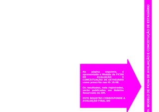 Na página seguinte, é
apresentado o Modelo da FICHA
DE AVALIAÇÃO E
CONCEITUAÇÃO DE ESTAGIÁRIO
como prescrita nas IG 10.68.
Os resultados, nela registrados,
serão publicados em Boletim
Reservado da OM.
ESTE REGISTRO CORRESPONDE À
AVALIAÇÃO FINAL DO
ESTAGIÁRIO.
IV.MODELODEFICHADEAVALIAÇÃOECONCEITUÇÃODEESTAGIÁRIO
 