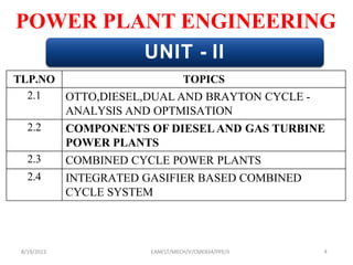 POWER PLANT ENGINEERING
EANEST/MECH/V/CME834/PPE/II 4
UNIT - II
TLP.NO TOPICS
2.1 OTTO,DIESEL,DUAL AND BRAYTON CYCLE -
ANALYSIS AND OPTMISATION
2.2 COMPONENTS OF DIESELAND GAS TURBINE
POWER PLANTS
2.3 COMBINED CYCLE POWER PLANTS
2.4 INTEGRATED GASIFIER BASED COMBINED
CYCLE SYSTEM
8/19/2023
 