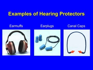 Earmuffs Earplugs Canal Caps
Examples of Hearing Protectors
 