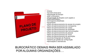 •Índice
•Sumário Executivo
•Declaração de Escopo
•EAP e Dicionário
•Organização do Projeto (com papéis e
responsabilidades)
•Cronograma Detalhado
•Orçamento
•Plano de gerenciamento do escopo do projeto
•Plano de gerenciamento do cronograma
•Plano de gerenciamento de custos
•Plano de gerenciamento da qualidade
•Plano de gerenciamento das comunicações
•Plano de gerenciamento de pessoal
•Plano de gerenciamento de riscos
•Plano de gerenciamento de aquisições
•Controle Integrado de Mudança
•Sistema de gestão da configuração
•Aprovações e assinaturas
BUROCRÁTICO DEMAIS PARA SER ASSIMILADO
POR ALGUMAS ORGANIZAÇÕES….
 