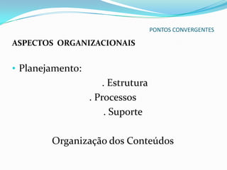 PONTOS CONVERGENTES

ASPECTOS ORGANIZACIONAIS


• Planejamento:
                     . Estrutura
                  . Processos
                      . Suporte

        Organização dos Conteúdos
 