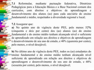 7.1 Reformular, mediante pactuação federativa, Diretrizes
Pedagógicas para a Educação Básica e a Base Nacional comum dos
currículos, com direitos e objetivos de aprendizagem e
desenvolvimento dos alunos (as) para cada ano/série do ensino
fundamental e médio, respeitados a diversidade regional e local;
7.2 Assegurar que:
a) No quinto ano de vigência deste PEE, pelo menos 52%
(cinquenta e dois por cento) dos (as) alunos (as) do ensino
fundamental e do ensino médio tenham alcançado nível o suficiente
de aprendizado em relação aos direitos e objetivos de aprendizagem
e desenvolvimento de seu ano de estudo, e 40% (quarenta por cento),
pelo menos, o nível desejável;
b) No último ano de vigência deste PEE, todos os (as) estudantes do
ensino fundamental e do ensino médio tenham alcançado nível
suficiente de aprendizado em relação aos direitos e objetivos de
aprendizagem e desenvolvimento de seu ano de estudo, e 60%
(sessenta por cento), pelo menos, o nível desejável;
 