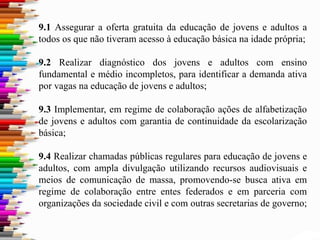 9.1 Assegurar a oferta gratuita da educação de jovens e adultos a
todos os que não tiveram acesso à educação básica na idade própria;
9.2 Realizar diagnóstico dos jovens e adultos com ensino
fundamental e médio incompletos, para identificar a demanda ativa
por vagas na educação de jovens e adultos;
9.3 Implementar, em regime de colaboração ações de alfabetização
de jovens e adultos com garantia de continuidade da escolarização
básica;
9.4 Realizar chamadas públicas regulares para educação de jovens e
adultos, com ampla divulgação utilizando recursos audiovisuais e
meios de comunicação de massa, promovendo-se busca ativa em
regime de colaboração entre entes federados e em parceria com
organizações da sociedade civil e com outras secretarias de governo;
 