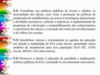 9.11 Considerar, nas políticas públicas de jovens e adultos, as
necessidades dos idosos, com vistas à promoção de políticas de
erradicação do analfabetismo, ao acesso a tecnologias educacionais
e atividades recreativas, culturais e esportivas, à implementação de
programas de valorização e compartilhamento dos conhecimentos
e experiência dos idosos e à inclusão dos temas do envelhecimento
e da velhice nas escolas;
9.12 Sensibilizar interna e externamente os agentes da educação
em relação à modalidade de EJA como direito, garantindo vários
modelos de atendimento para essa população (EJA FIC, EJAS
Jovem, MOVA, EJA entre outros);
9.13 Promover o direito à educação de qualidade e implementar
políticas públicas de EJA, realizando os investimentos necessários;
 