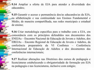 9.14 Ampliar a oferta de EJA para atender a diversidade dos
educandos;
9.15 Garantir o acesso e permanência dos/as educandos/as da EJA,
na alfabetização e sua continuidade nos Ensinos Fundamental e
Médio, de maneira compartilhada, nas redes municipais e estadual
de ensino;
9.16 Criar metodologia específica para o trabalho com a EJA, em
consonância com os princípios defendidos nos documentos dos
ENEJAs – Encontro Nacional de Educação de Jovens e Adultos, dos
EREJAs – Enconto Regional de Educação de Jovens e Adultos, da
conferência preparatória da VI Confintea – Conferência
Internacional de Educação de Adultos e dos documentos das
conferências internacionais;
9.17 Realizar alterações nas Diretrizes dos cursos de pedagogia e
licenciaturas estabelecendo a obrigatoriedade de formação em EJA
na pedagogia e nas licenciaturas, inclusive com estágio;
 