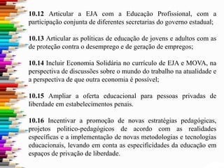 10.12 Articular a EJA com a Educação Profissional, com a
participação conjunta de diferentes secretarias do governo estadual;
10.13 Articular as políticas de educação de jovens e adultos com as
de proteção contra o desemprego e de geração de empregos;
10.14 Incluir Economia Solidária no currículo de EJA e MOVA, na
perspectiva de discussões sobre o mundo do trabalho na atualidade e
a perspectiva de que outra economia é possível;
10.15 Ampliar a oferta educacional para pessoas privadas de
liberdade em estabelecimentos penais.
10.16 Incentivar a promoção de novas estratégias pedagógicas,
projetos politico-pedagógicos de acordo com as realidades
específicas e a implementação de novas metodologias e tecnologias
educacionais, levando em conta as especificidades da educação em
espaços de privação de liberdade.
 