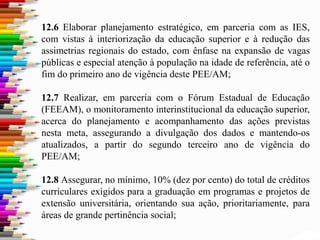 12.6 Elaborar planejamento estratégico, em parceria com as IES,
com vistas à interiorização da educação superior e à redução das
assimetrias regionais do estado, com ênfase na expansão de vagas
públicas e especial atenção à população na idade de referência, até o
fim do primeiro ano de vigência deste PEE/AM;
12.7 Realizar, em parceria com o Fórum Estadual de Educação
(FEEAM), o monitoramento interinstitucional da educação superior,
acerca do planejamento e acompanhamento das ações previstas
nesta meta, assegurando a divulgação dos dados e mantendo-os
atualizados, a partir do segundo terceiro ano de vigência do
PEE/AM;
12.8 Assegurar, no mínimo, 10% (dez por cento) do total de créditos
curriculares exigidos para a graduação em programas e projetos de
extensão universitária, orientando sua ação, prioritariamente, para
áreas de grande pertinência social;
 