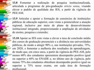 13.8 Fomentar a realização de pesquisa institucionalizada,
articulada a programas de pós-graduação stricto sensu, visando
elevar o padrão de qualidade das IES, a partir da vigência do
PEE/AM;
13.9 Articular e apoiar a formação de consórcios de instituições
públicas de educação superior, com vistas a potencializar a atuação
regional, inclusive por meio de plano de desenvolvimento
institucional integrado, proporcionando a ampliação de atividades
de ensino, pesquisa e extensão;
13.10 Apoiar as IES com vistas a elevar a taxa de conclusão média
dos cursos de graduação presenciais e a distância nas universidades
públicas, de modo a atingir 90% e, nas instituições privadas, 75%,
em 2020, e fomentar a melhoria dos resultados de aprendizagem,
de modo que, em cinco anos, a partir da vigência do PEE-AM, pelo
menos 60% dos estudantes apresentem desempenho positivo igual
ou superior a 60% no ENADE e, no último ano de vigência, pelo
menos 75% dos estudantes obtenham desempenho positivo igual ou
superior a 75% nesse exame, em cada área de formação
profissional;
 
