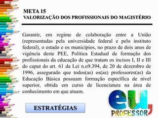 META 15
VALORIZAÇÃO DOS PROFISSIONAIS DO MAGISTÉRIO
Garantir, em regime de colaboração entre a União
(representadas pela universidade federal e pelo instituto
federal), o estado e os municípios, no prazo de dois anos de
vigência deste PEE, Política Estadual de formação dos
profissionais da educação de que tratam os incisos I, II e III
do caput do art. 61 da Lei n.o9.394, de 20 de dezembro de
1996, assegurado que todos(as) os(as) professores(as) da
Educação Básica possuam formação específica de nível
superior, obtida em curso de licenciatura na área de
conhecimento em que atuam.
ESTRATÉGIAS
 