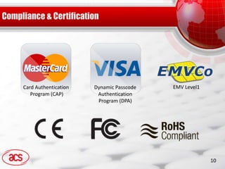 Card Authentication   Dynamic Passcode   EMV Level1
   Program (CAP)       Authentication
                       Program (DPA)




                                                      10
 