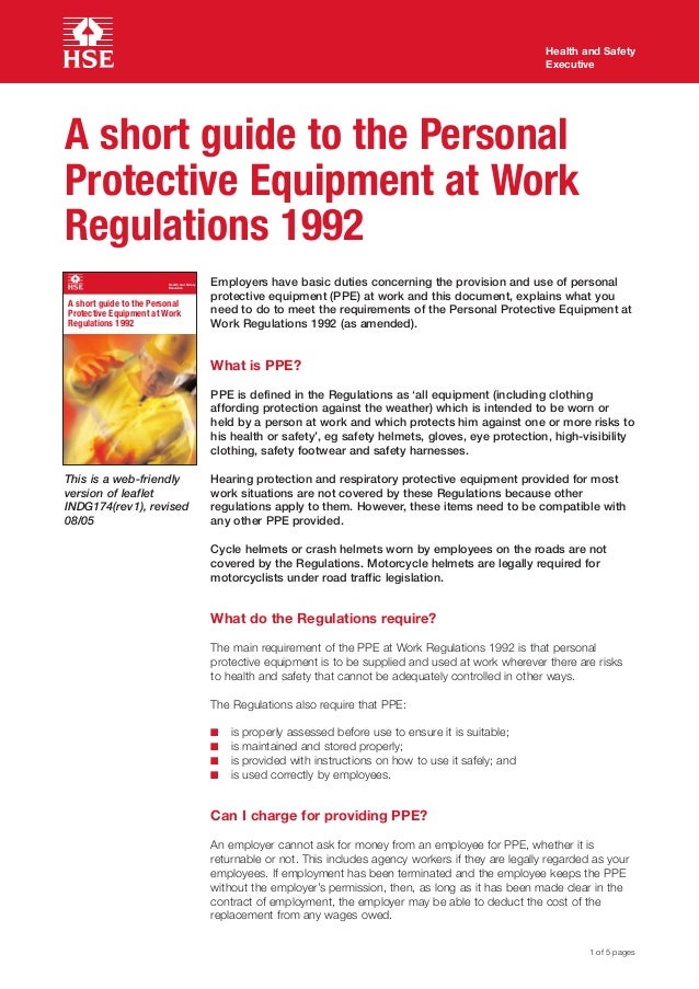 PPE at Work Regulations 1992 A Short Guide