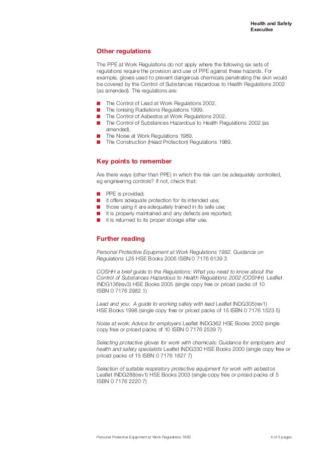 Personal protective equipment ppe at work regulations 1992 summary at
