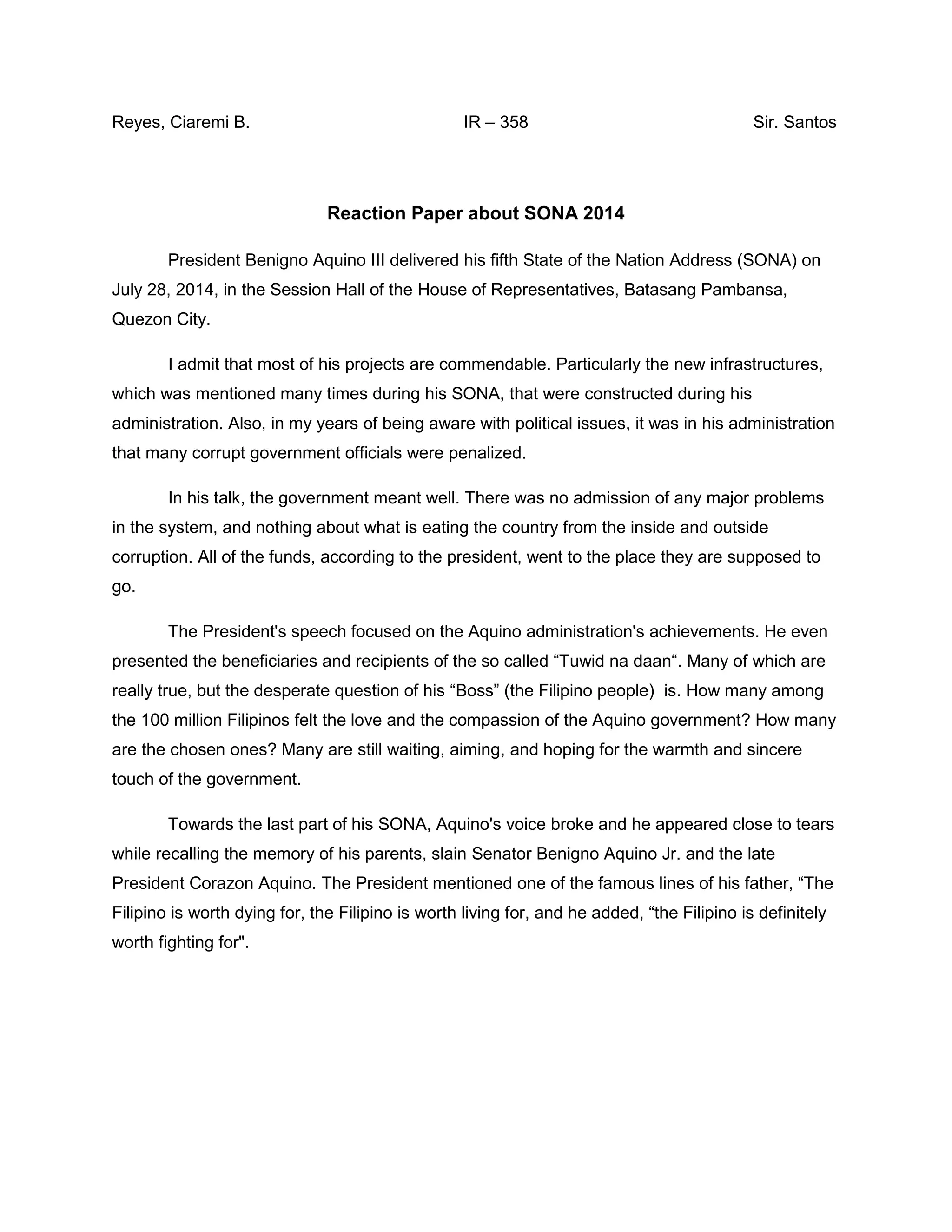 Reaction Paper About Sona 2024