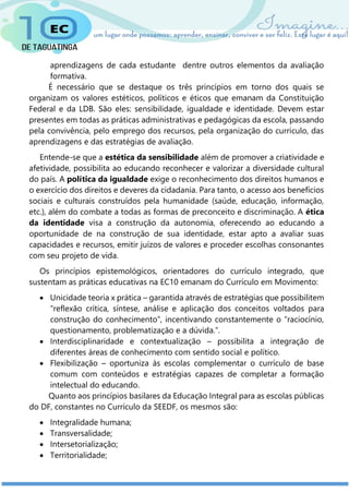 aprendizagens de cada estudante dentre outros elementos da avaliação
formativa.
É necessário que se destaque os três princípios em torno dos quais se
organizam os valores estéticos, políticos e éticos que emanam da Constituição
Federal e da LDB. São eles: sensibilidade, igualdade e identidade. Devem estar
presentes em todas as práticas administrativas e pedagógicas da escola, passando
pela convivência, pelo emprego dos recursos, pela organização do currículo, das
aprendizagens e das estratégias de avaliação.
Entende-se que a estética da sensibilidade além de promover a criatividade e
afetividade, possibilita ao educando reconhecer e valorizar a diversidade cultural
do país. A política da igualdade exige o reconhecimento dos direitos humanos e
o exercício dos direitos e deveres da cidadania. Para tanto, o acesso aos benefícios
sociais e culturais construídos pela humanidade (saúde, educação, informação,
etc.), além do combate a todas as formas de preconceito e discriminação. A ética
da identidade visa a construção da autonomia, oferecendo ao educando a
oportunidade de na construção de sua identidade, estar apto a avaliar suas
capacidades e recursos, emitir juízos de valores e proceder escolhas consonantes
com seu projeto de vida.
Os princípios epistemológicos, orientadores do currículo integrado, que
sustentam as práticas educativas na EC10 emanam do Currículo em Movimento:
 Unicidade teoria x prática – garantida através de estratégias que possibilitem
“reflexão crítica, síntese, análise e aplicação dos conceitos voltados para
construção do conhecimento”, incentivando constantemente o “raciocínio,
questionamento, problematização e a dúvida.”.
 Interdisciplinaridade e contextualização – possibilita a integração de
diferentes áreas de conhecimento com sentido social e político.
 Flexibilização – oportuniza às escolas complementar o currículo de base
comum com conteúdos e estratégias capazes de completar a formação
intelectual do educando.
Quanto aos princípios basilares da Educação Integral para as escolas públicas
do DF, constantes no Currículo da SEEDF, os mesmos são:
 Integralidade humana;
 Transversalidade;
 Intersetorialização;
 Territorialidade;
 