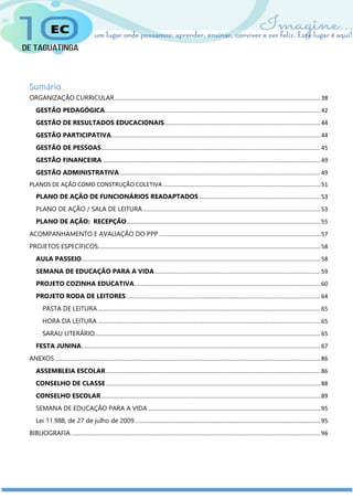 Sumário
ORGANIZAÇÃO CURRICULAR............................................................................................................................38
GESTÃO PEDAGÓGICA..................................................................................................................................42
GESTÃO DE RESULTADOS EDUCACIONAIS..............................................................................................44
GESTÃO PARTICIPATIVA..............................................................................................................................44
GESTÃO DE PESSOAS....................................................................................................................................45
GESTÃO FINANCEIRA ...................................................................................................................................49
GESTÃO ADMINISTRATIVA.........................................................................................................................49
PLANOS DE AÇÃO COMO CONSTRUÇÃO COLETIVA...............................................................................................51
PLANO DE AÇÃO DE FUNCIONÁRIOS READAPTADOS .........................................................................53
PLANO DE AÇÃO / SALA DE LEITURA...........................................................................................................53
PLANO DE AÇÃO: RECEPÇÃO.....................................................................................................................55
ACOMPANHAMENTO E AVALIAÇÃO DO PPP .................................................................................................57
PROJETOS ESPECÍFICOS......................................................................................................................................58
AULA PASSEIO................................................................................................................................................58
SEMANA DE EDUCAÇÃO PARA A VIDA....................................................................................................59
PROJETO COZINHA EDUCATIVA................................................................................................................60
PROJETO RODA DE LEITORES.....................................................................................................................64
PASTA DE LEITURA......................................................................................................................................65
HORA DA LEITURA ......................................................................................................................................65
SARAU LITERÁRIO........................................................................................................................................65
FESTA JUNINA................................................................................................................................................67
ANEXOS................................................................................................................................................................86
ASSEMBLEIA ESCOLAR .................................................................................................................................86
CONSELHO DE CLASSE .................................................................................................................................88
CONSELHO ESCOLAR....................................................................................................................................89
SEMANA DE EDUCAÇÃO PARA A VIDA........................................................................................................95
Lei 11.988, de 27 de julho de 2009................................................................................................................95
BIBLIOGRAFIA ......................................................................................................................................................96
 
