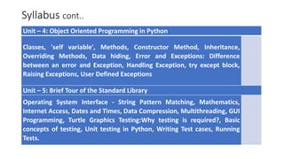 Syllabus cont..
Unit – 4: Object Oriented Programming in Python
Classes, 'self variable', Methods, Constructor Method, Inheritance,
Overriding Methods, Data hiding, Error and Exceptions: Difference
between an error and Exception, Handling Exception, try except block,
Raising Exceptions, User Defined Exceptions
Unit – 5: Brief Tour of the Standard Library
Operating System Interface - String Pattern Matching, Mathematics,
Internet Access, Dates and Times, Data Compression, Multithreading, GUI
Programming, Turtle Graphics Testing:Why testing is required?, Basic
concepts of testing, Unit testing in Python, Writing Test cases, Running
Tests.
 