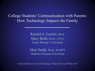 College Students’ Communication with Parents:
How Technology Impacts the Family
Ronald A. Fannin, Ph.D.
Mary Bold, Ph.D., CFLE
Texas Woman’s University
Matt Dodd, Ph.D., M.MFT
Abilene Christian University
Current Statistics on Use of Technology: Prepared by Layli Pham, M.S.
 