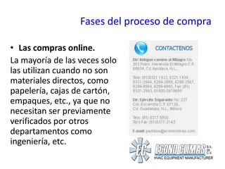 Fases del proceso de compra

• Las compras online.
La mayoría de las veces solo
las utilizan cuando no son
materiales directos, como
papelería, cajas de cartón,
empaques, etc., ya que no
necesitan ser previamente
verificados por otros
departamentos como
ingeniería, etc.
 