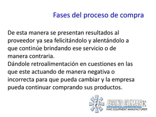 Fases del proceso de compra

De esta manera se presentan resultados al
proveedor ya sea felicitándolo y alentándolo a
que continúe brindando ese servicio o de
manera contraria.
Dándole retroalimentación en cuestiones en las
que este actuando de manera negativa o
incorrecta para que pueda cambiar y la empresa
pueda continuar comprando sus productos.
 