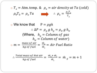 o 𝑇 𝑎 = Atm. temp. & 𝜌 𝑎 = 𝑎𝑖𝑟 𝑑𝑒𝑛𝑠𝑖𝑡𝑦 𝑎𝑡 𝑇𝑎 (𝑐𝑜𝑙𝑑)
𝜌0 𝑇0 = 𝜌 𝑎 𝑇𝑎 ∴ 𝜌 𝑎 =
𝜌0
𝑇0
𝑇 𝑎
o We know that P = 𝜌𝑔ℎ
∴ ∆𝑃 = 𝜌 𝑔 𝑔 ℎ 𝑔 = 𝜌 𝑤 𝑔 ℎ 𝑤
(Where, ℎ 𝑔 = 𝐶𝑜𝑙𝑢𝑚𝑛 𝑜𝑓 𝑔𝑎𝑠
ℎ 𝑤 = 𝐶𝑜𝑙𝑢𝑚𝑛 𝑜𝑓 𝑤𝑎𝑡𝑒𝑟)
o 𝑚 =
𝑚𝑎𝑠𝑠 𝑜𝑓 𝑎𝑖𝑟
𝑘𝑔 𝑜𝑓 𝑓𝑢𝑒𝑙
=
𝑚 𝑎
𝑚 𝑐
= 𝐴𝑖𝑟 𝐹𝑢𝑒𝑙 𝑅𝑎𝑡𝑖𝑜
∴
𝑇𝑜𝑡𝑎𝑙 𝑚𝑎𝑠𝑠 𝑜𝑓 𝐻𝑜𝑡 𝑎𝑖𝑟
𝑘𝑔 𝑜𝑓 𝑓𝑢𝑒𝑙
=
𝑚 𝑎
+ 𝑚 𝑐
𝑚 𝑐
= 𝑚 𝑔 = 𝑚 + 1
 