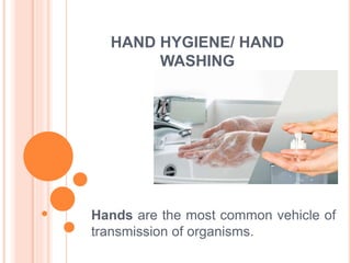 HAND HYGIENE/ HAND
WASHING
Hands are the most common vehicle of
transmission of organisms.
 