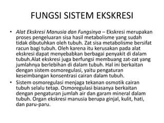 FUNGSI SISTEM EKSKRESI
• Alat Ekskresi Manusia dan Fungsinya – Ekskresi merupakan
proses pengeluaran sisa hasil metabolisme yang sudah
tidak dibutuhkan oleh tubuh. Zat sisa metabolisme bersifat
racun bagi tubuh. Oleh karena itu kerusakan pada alat
ekskresi dapat menyebabkan berbagai penyakit di dalam
tubuh.Alat ekskresi juga berfungsi membuang zat-zat yang
jumlahnya berlebihan di dalam tubuh. Hal ini berkaitan
dengan sistem osmoregulasi, yaitu pengaturan
keseimbangan konsentrasi cairan dalam tubuh.
• Sistem osmoregulasi menjaga tekanan osmotik cairan
tubuh selalu tetap. Osmoregulasi biasanya berkaitan
dengan pengaturan jumlah air dan garam mineral dalam
tubuh. Organ ekskresi manusia berupa ginjal, kulit, hati,
dan paru-paru.
 
