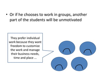 Or if he chooses to work in groups, another part of the students will be unmotivatedThey prefer individual work because they want freedom to customize the work and manage their business needs, time and place ...