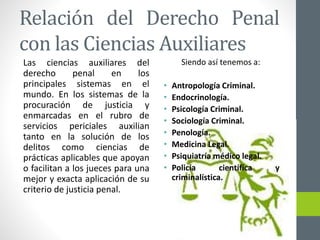 Relación del Derecho Penal
con las Ciencias Auxiliares
Las ciencias auxiliares del
derecho penal en los
principales sistemas en el
mundo. En los sistemas de la
procuración de justicia y
enmarcadas en el rubro de
servicios periciales auxilian
tanto en la solución de los
delitos como ciencias de
prácticas aplicables que apoyan
o facilitan a los jueces para una
mejor y exacta aplicación de su
criterio de justicia penal.
Siendo así tenemos a:
• Antropología Criminal.
• Endocrinología.
• Psicología Criminal.
• Sociología Criminal.
• Penología.
• Medicina Legal.
• Psiquiatría médico legal.
• Policía científica y
criminalística.
 