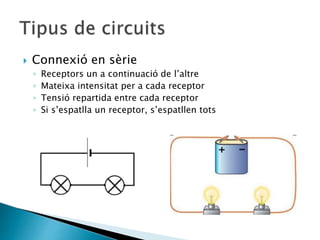  Connexió en sèrie
◦ Receptors un a continuació de l’altre
◦ Mateixa intensitat per a cada receptor
◦ Tensió repartida entre cada receptor
◦ Si s’espatlla un receptor, s’espatllen tots
 