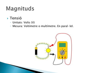  Tensió
◦ Unitats: Volts (V)
◦ Mesura: Voltímetre o multímetre. En paral·lel.
 
