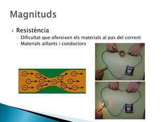  Resistència
◦ Dificultat que ofereixen els materials al pas del corrent
◦ Materials aïllants i conductors
 