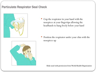 Particulate Respirator Seal Check
 Cup the respirator in your hand with the
nosepiece at your fingertips allowing the
headbands to hang freely below your hand
 Position the respirator under your chin with the
nosepiece up
Slide used with permission from World Health Organization
 