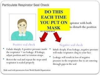 Particulate Respirator Seal Check
Cover the front of the respirator with both
hands, being careful not to disturb the position
of respirator
Positive seal check
 Exhale sharply.A positive pressure inside
the respirator = no leakage. If leakage,
adjust position and/or tension straps.
 Retest the seal and repeat the steps until
respirator is sealed properly
Negative seal check
 Inhale deeply. If no leakage, negative pressure
will make respirator cling to your face
 Leakage will result in loss of negative
pressure in the respirator due to air entering
through gaps in the seal
Slide used with permission from World Health Organization
DO THIS
EACH TIME
YOU PUT ON
MASK
 