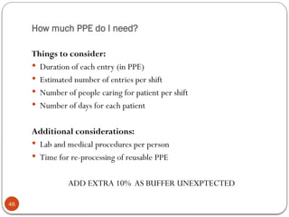 How much PPE do I need?
46
Things to consider:
 Duration of each entry (in PPE)
 Estimated number of entries per shift
 Number of people caring for patient per shift
 Number of days for each patient
Additional considerations:
 Lab and medical procedures per person
 Time for re-processing of reusable PPE
ADD EXTRA 10% AS BUFFER UNEXPTECTED
 