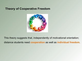 Theory of Cooperative Freedom This theory suggests that, independently of motivational orientation; distance students need  cooperation  as well as  individual freedom . 
