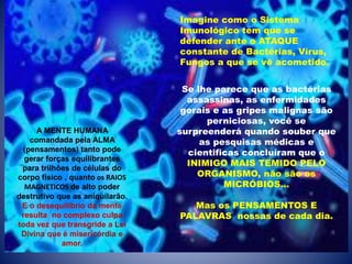 Imagine como o Sistema
Imunológico tem que se
defender ante o ATAQUE
constante de Bactérias, Vírus,
Fungos a que se vê acometido.
Se lhe parece que as bactérias
assassinas, as enfermidades
gerais e as gripes malignas são
perniciosas, você se
surpreenderá quando souber que
as pesquisas médicas e
cientificas concluíram que o
INIMIGO MAIS TEMIDO PELO
ORGANISMO, não são os
MICRÓBIOS...
Mas os PENSAMENTOS E
PALAVRAS nossas de cada dia.
A MENTE HUMANA
comandada pela ALMA
(pensamentos) tanto pode
gerar forças equilibrantes
para trilhões de células do
corpo físico , quanto os RAIOS
MAGNETICOS de alto poder
destrutivo que as aniquilarão.
E o desequilíbrio da mente
resulta no complexo culpa
toda vez que transgride a Lei
Divina que é misericórdia e
amor.
 