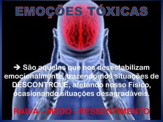  São aquelas que nos desestabilizam
emocionalmente, trazendo-nos situações de
DESCONTROLE, afetando nosso Físico,
ocasionando situações desagradáveis.
RAIVA – MEDO - RESSENTIMENTO
 
