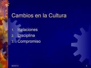 Cambios en la Cultura

1. Relaciones
2. Disciplina
3. Compromiso




06/03/13                8
 