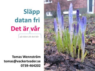 Släpp datan fri<br />Det är vår<br />på tiden att det blir<br />Tomas Wennström<br />tomas@vackertvader.se<br />0739-46420...